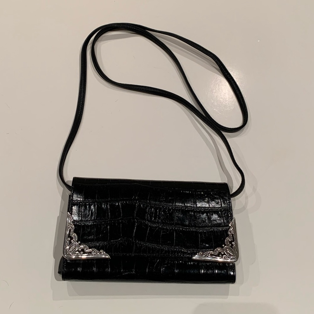 NWOT Brighton Large Croc Leather Wallet Crossbody Bag With Removable Strap Black
